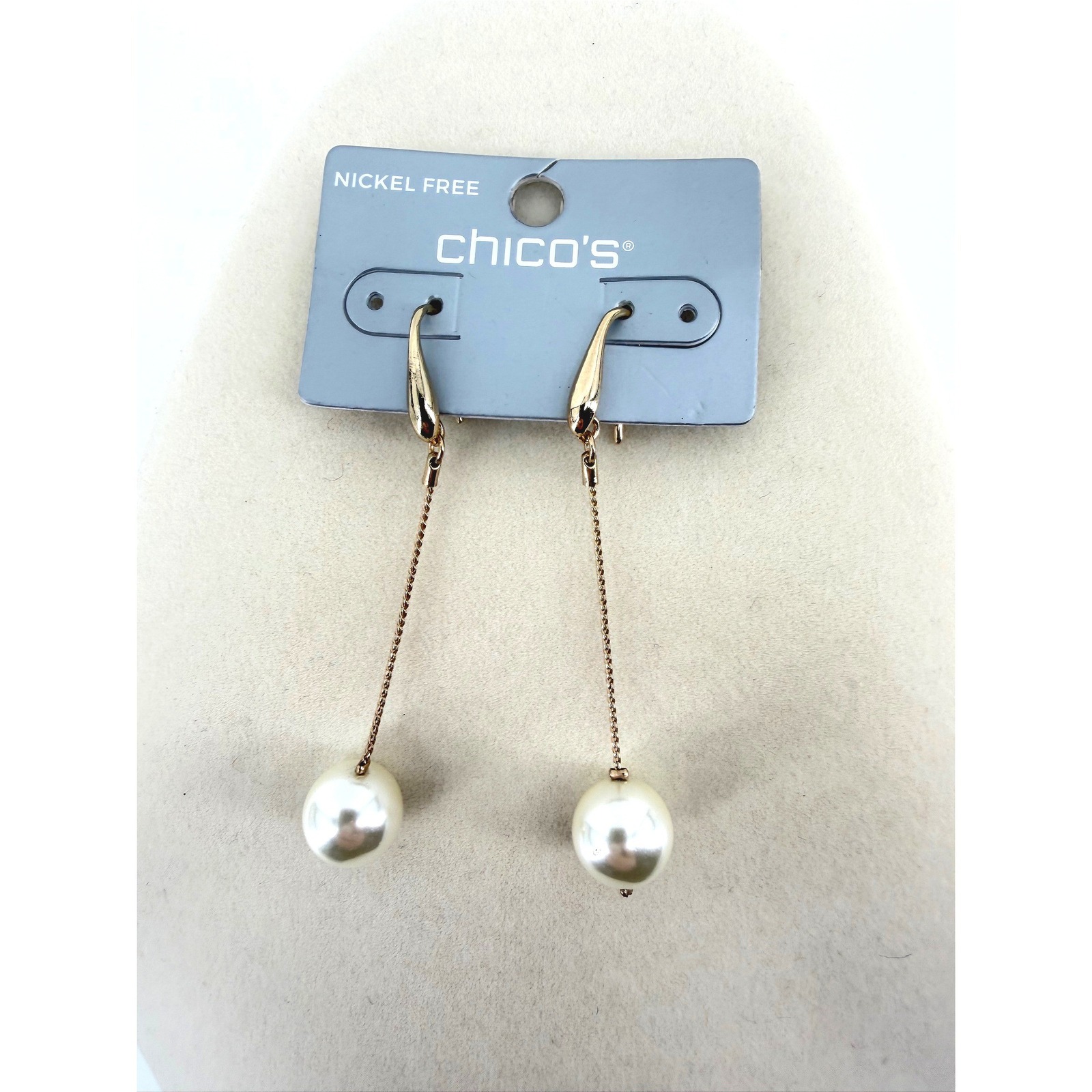 Chicos Gold Tone White Faux Pearl Chain Linear Drop Earrings Nickel Free New